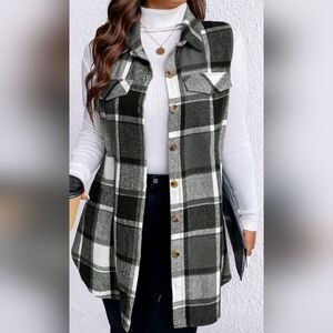 Shein Womens Plaid Faux Front Pockets Sleeveless Vest Shacket Black/Gray Sz 12